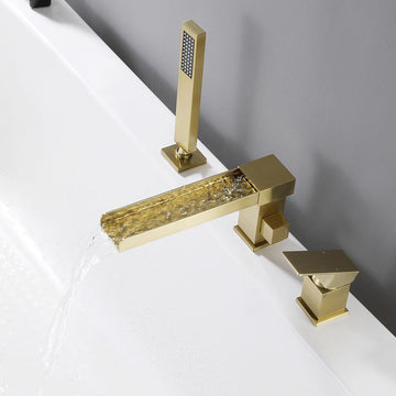 Deck-Mount Waterfall Roman Bathtub Filler Faucet with Handshower in Brushed Gold